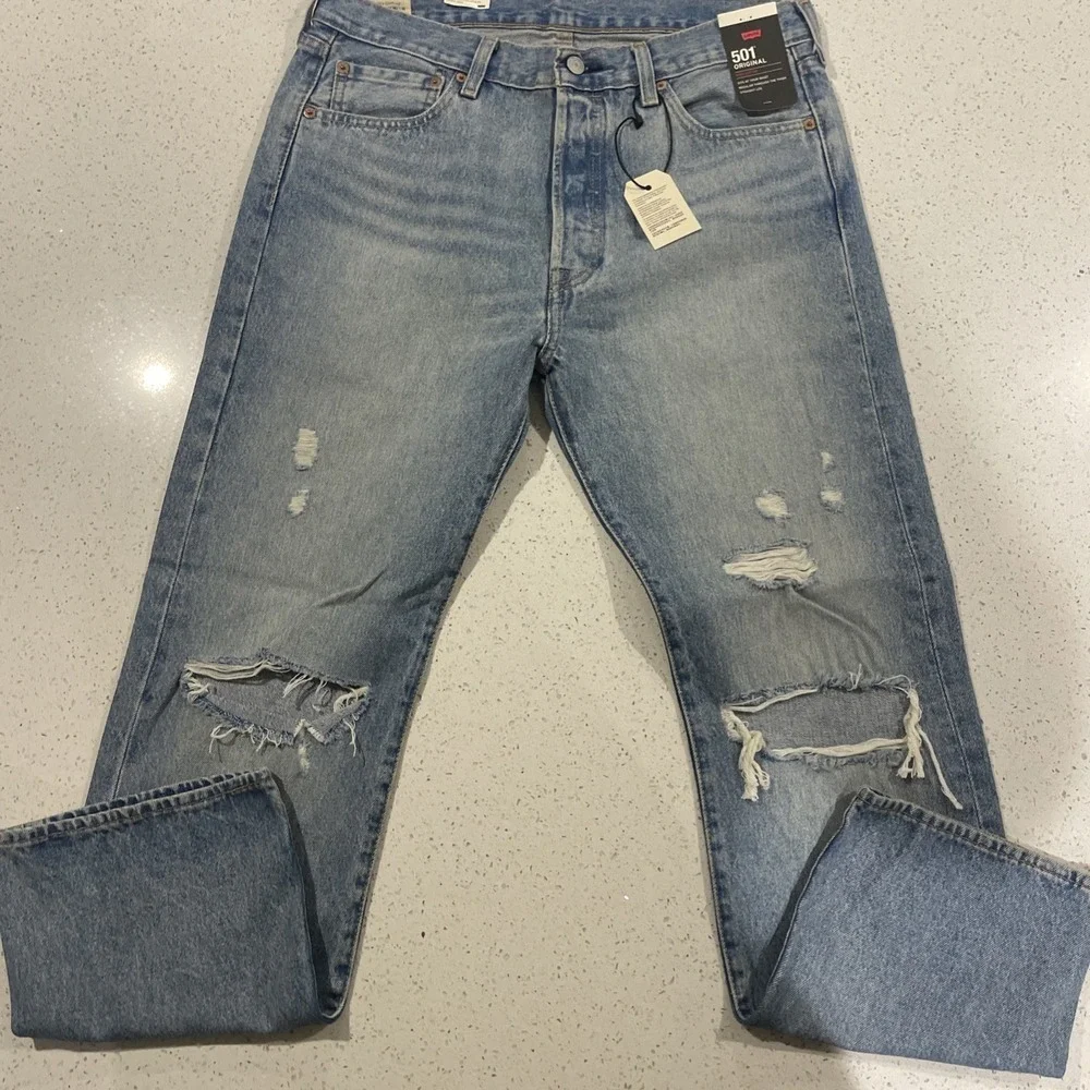 NWT LEVI'S PREMIUM 501 Good For You DESTRUCTED LIGHT BLUE DENIM JEANS Size 34x30